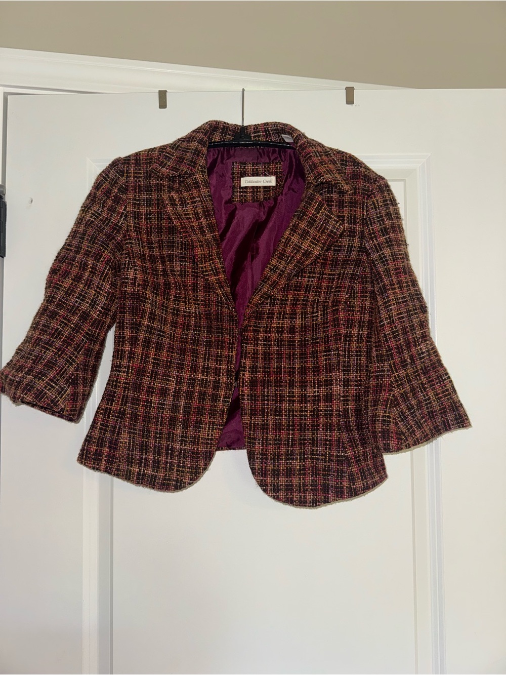 Coldwater Creek Petite Tweed Plaid Cropped Jacket 3/4 Sleeve Plum Pink PS